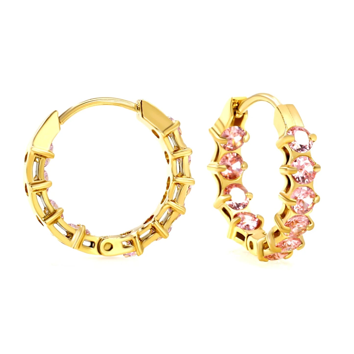 Guldbelagte hoops øreringe med pink krystaller set i profil med klik-lukning